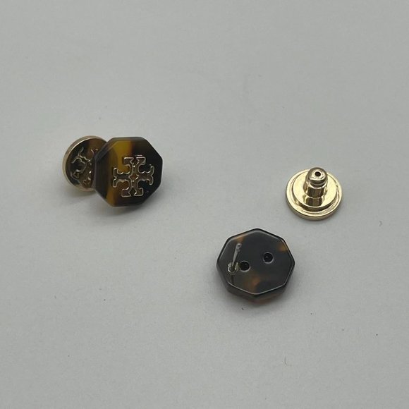 Tory Burch Octagon Brown Mixed Stone and Gold Signature Stud Earrings - Picture 6 of 9